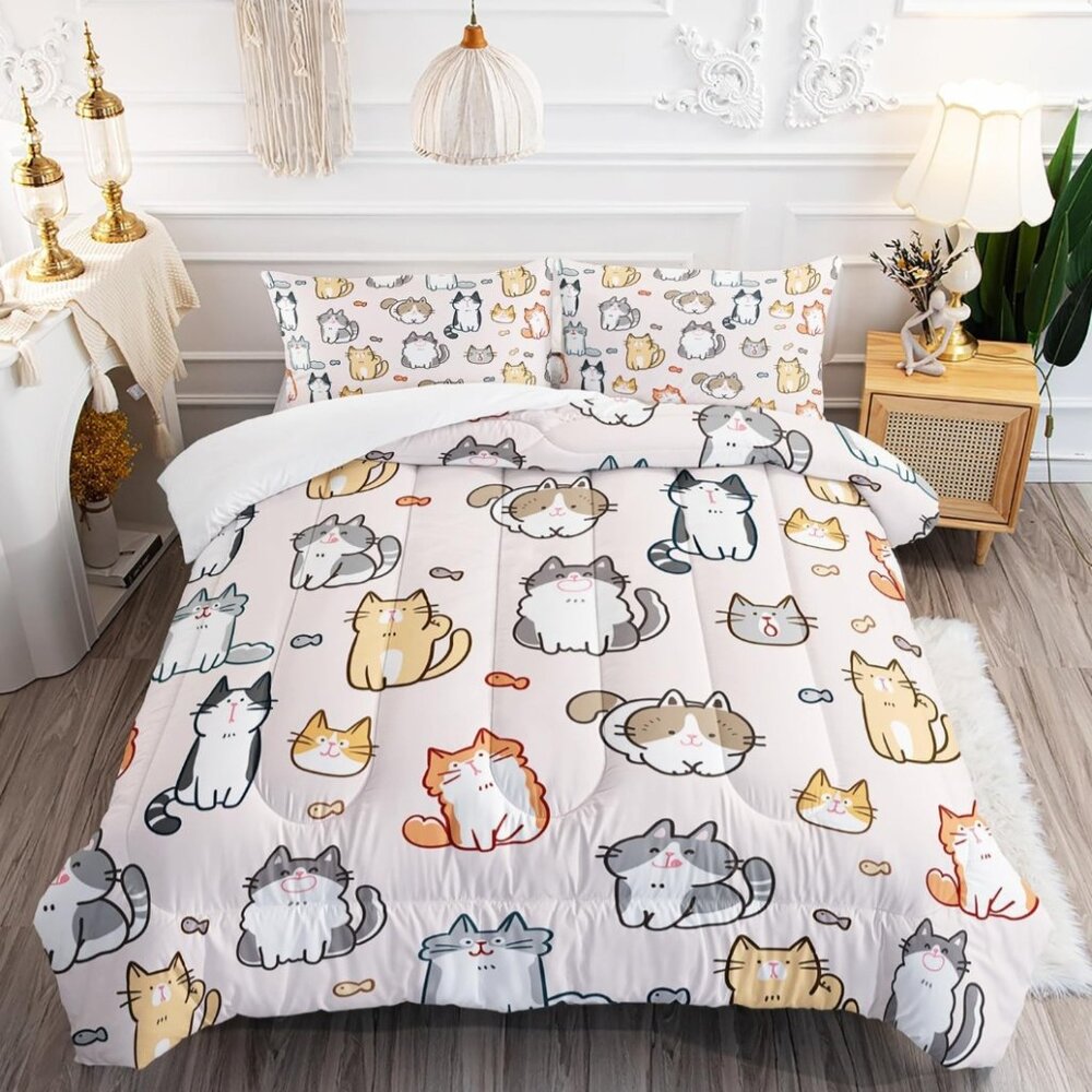 NEW Comforter Set Queen Size 3Pcs Cartoon Pet Cat Fishing Bedding Set